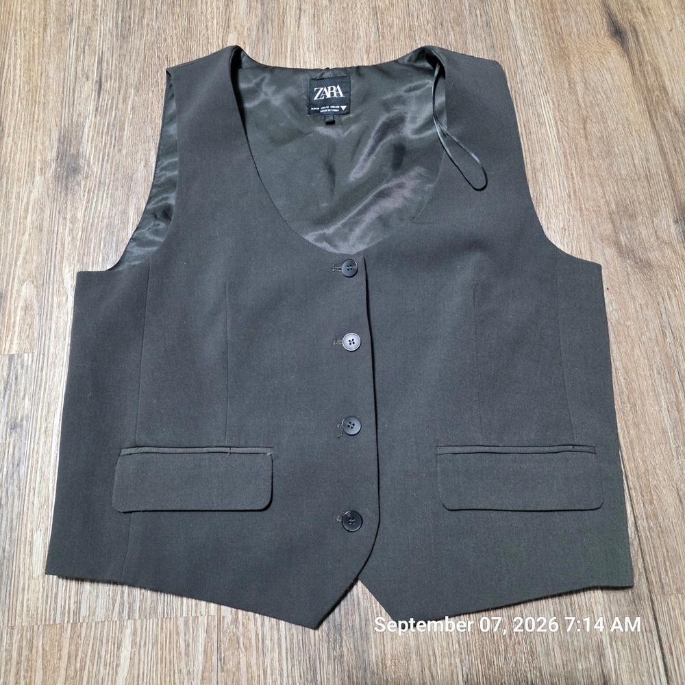 Zara Women Medium Tailored Waistcoat Vest Dark Olive Green Button Up Cinch Back